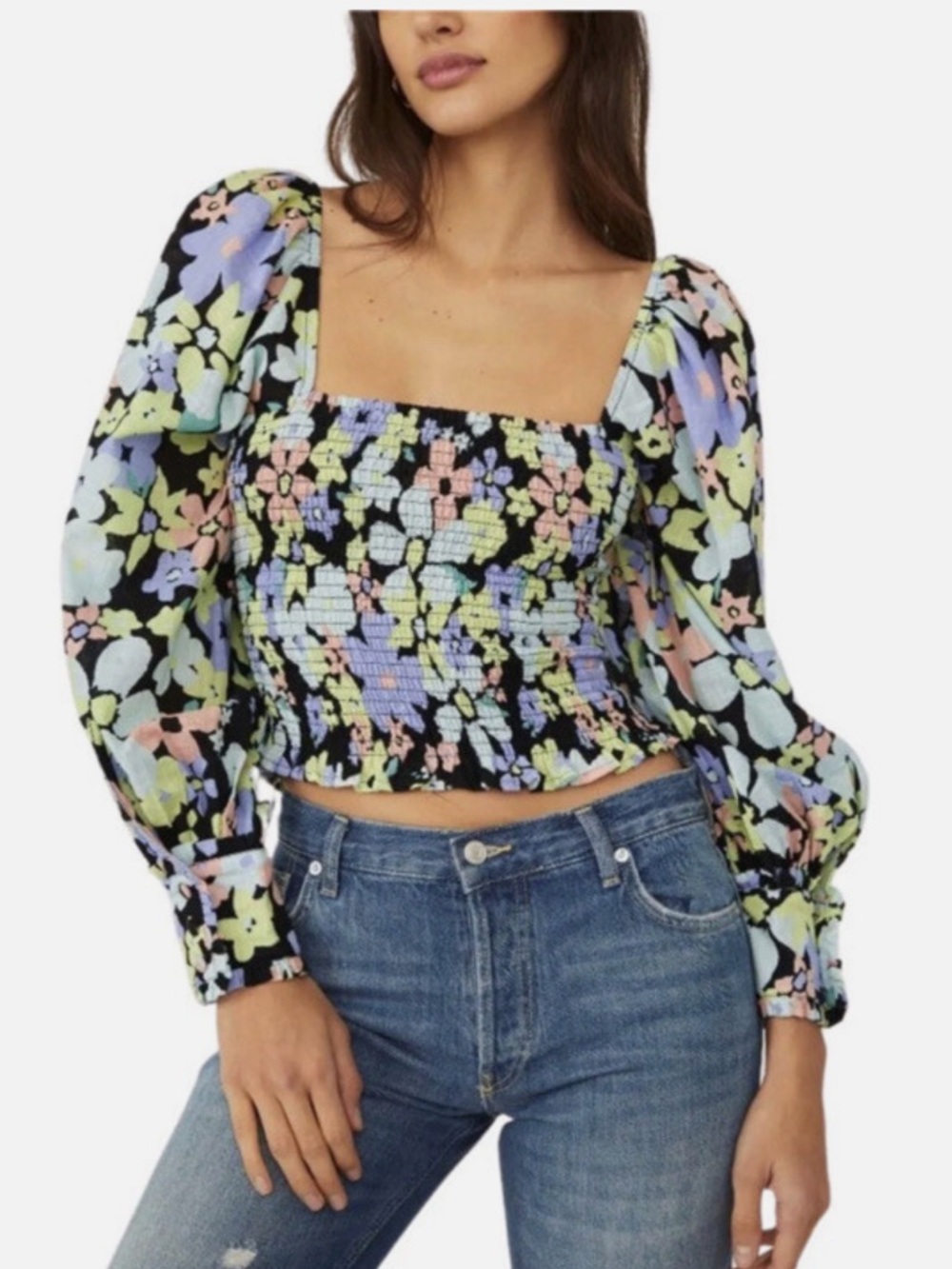 Free People Ariana Floral Puff Sleeve Crop Top Blouse
